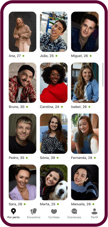 O app do Badoo mostrando uma grade de diferentes perfis de mulheres.