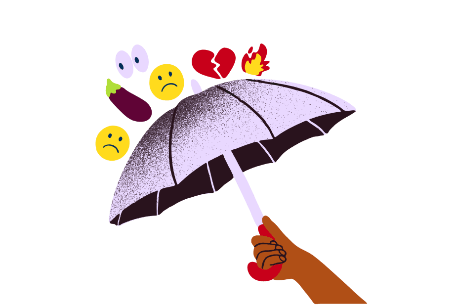 Illustratie van een opgestoken paraplu die beschermt tegen negatieve emoji's